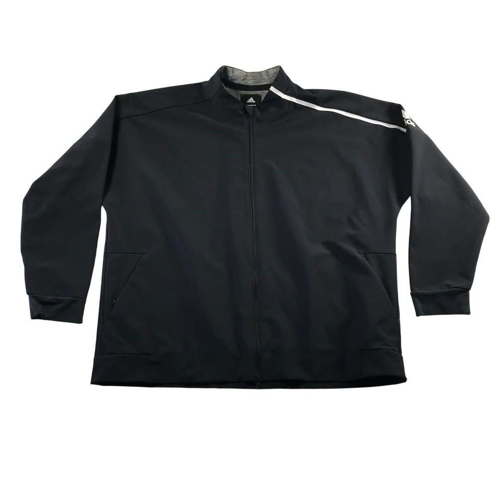 Adidas Mens 2XL Black Full Zip Track Jacket White Shoulder Stripe Mock Neck